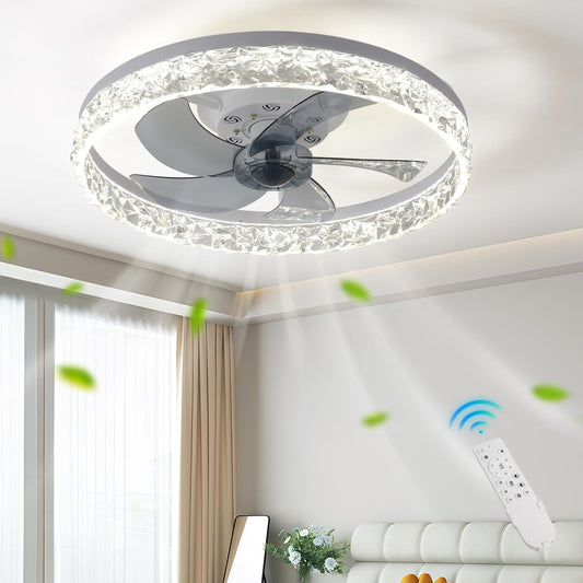 BNIB-FRIXCHUR 20" Modern Crystal Bladeless Ceiling Fan with Light – (white 6 Speeds 3 Colors Change)
