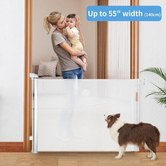 BNIB-Retractable Baby Gate,Mesh Baby Gate or Mesh Dog Gate,33.6" Tall,Extends up to 55" (White 33.6"x55")-$40