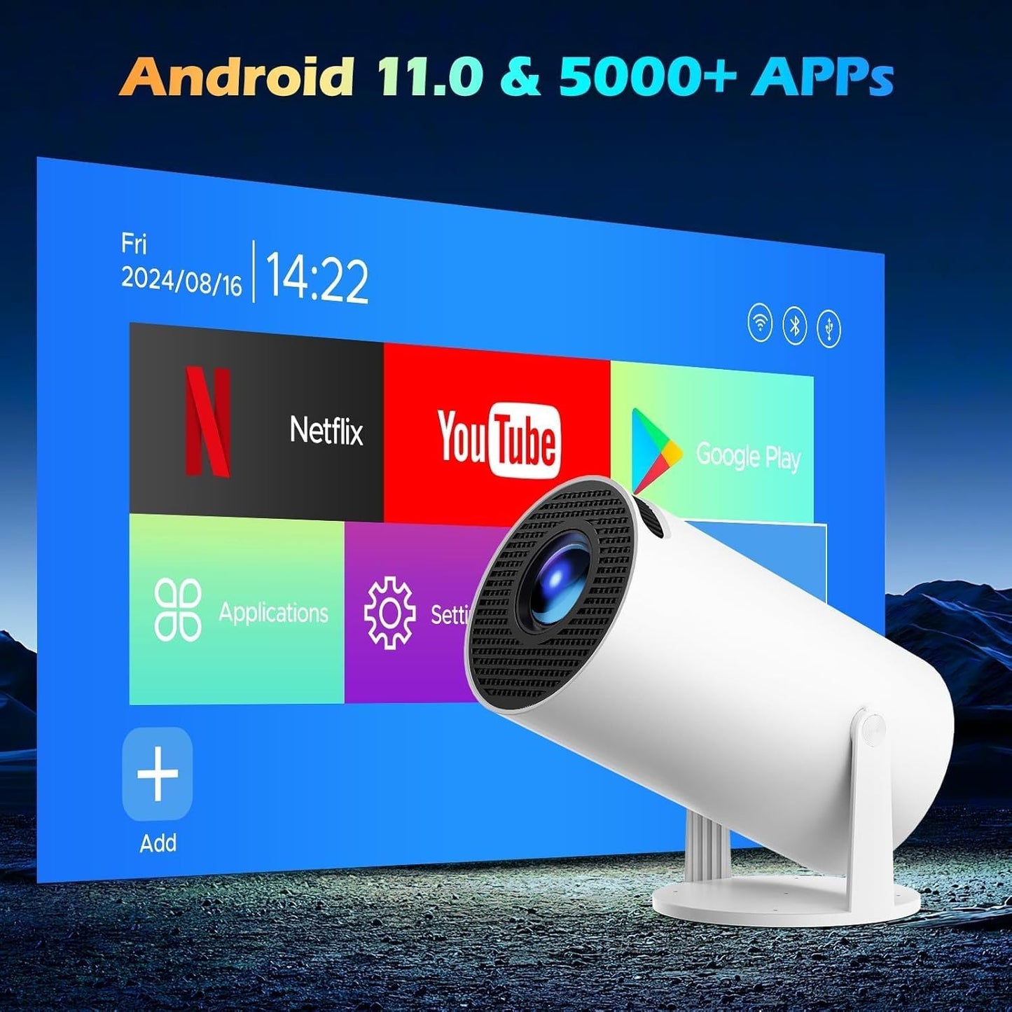 BNIB-Portable 4K Full HD Mini Projector | Android 11.0 with WiFi Bluetooth, 270° Rotation & Auto Correction,$65