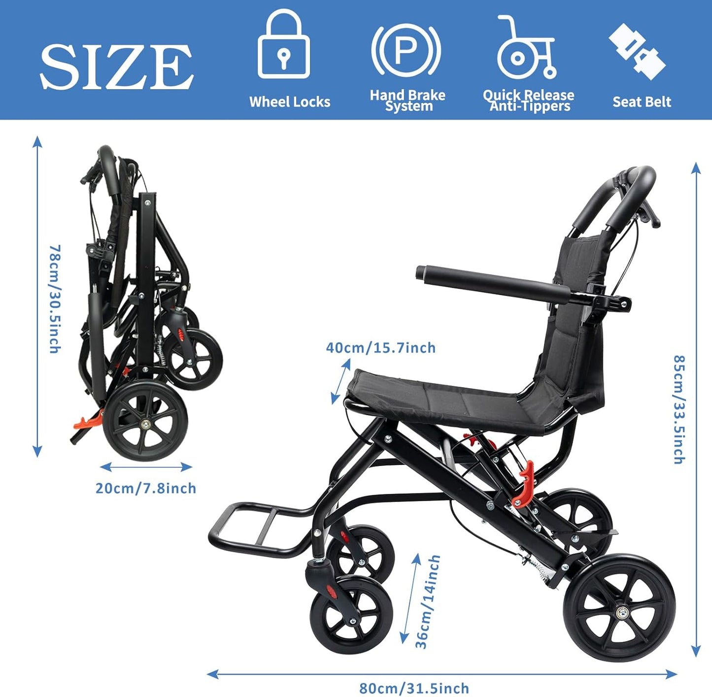 Brand New Portable Aluminum Transport Wheelchair | Handbrake & 8" Rear Wheels |(Seat Width: 15.75"),-$150