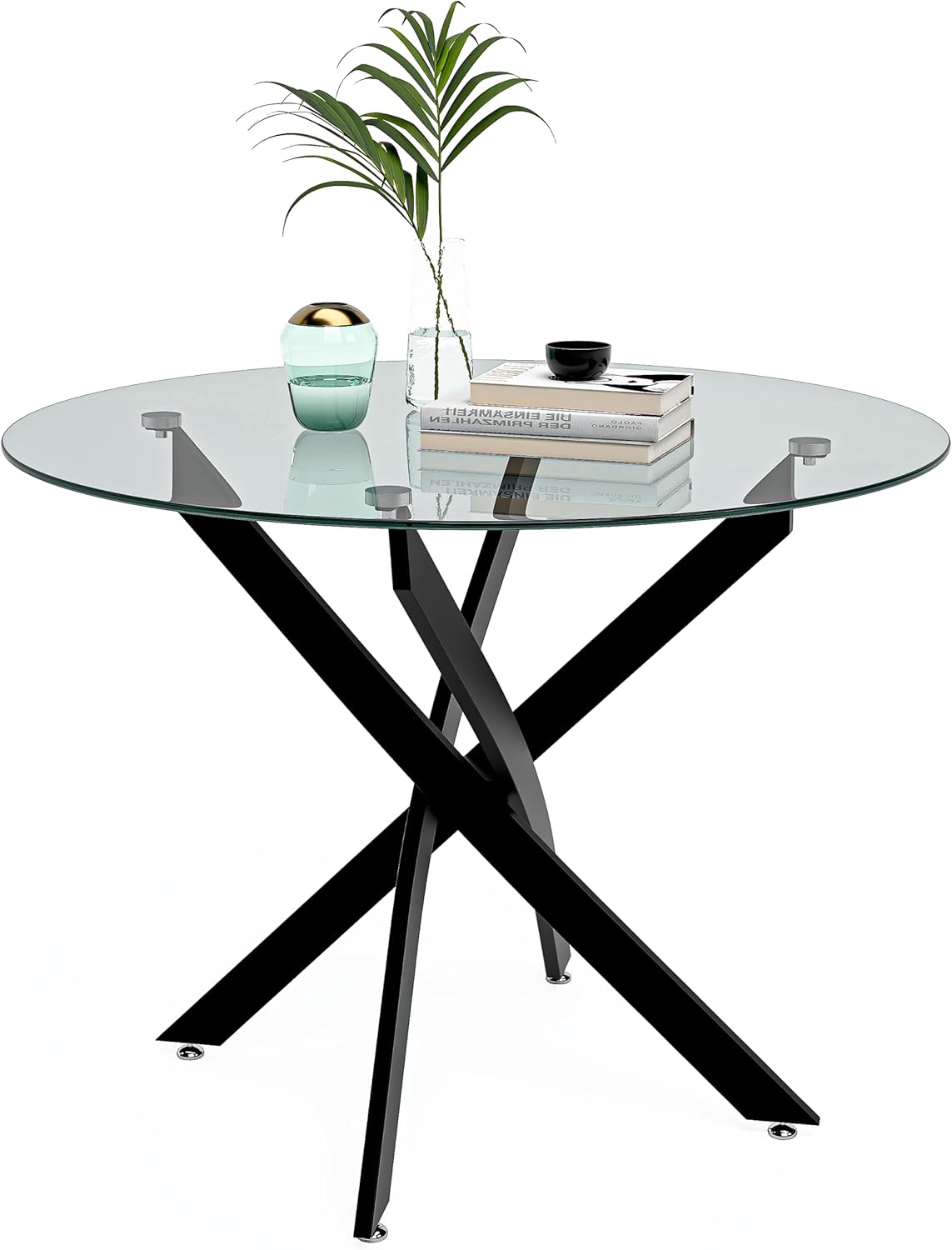 BNIB-GOLDFAN Glass Dining Table, 35.5 inches Round Modern Kitchen Table Home Furniture with Black Metal Legs