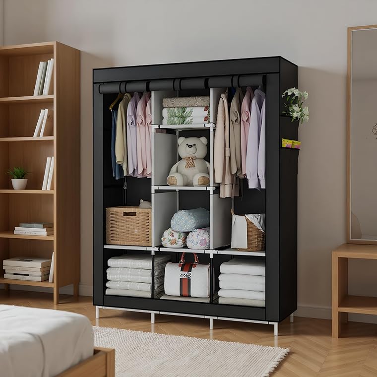 Brand New Portable Closet Organizer: 6 Storage Shelves + 2 Hanging Sections,Black,