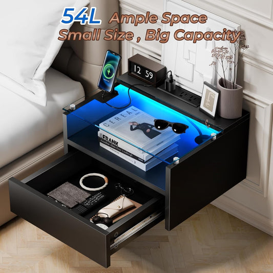 Brand New Floating Nightstand with Charging Station and LED, Small Floating Night Stand with Drawer