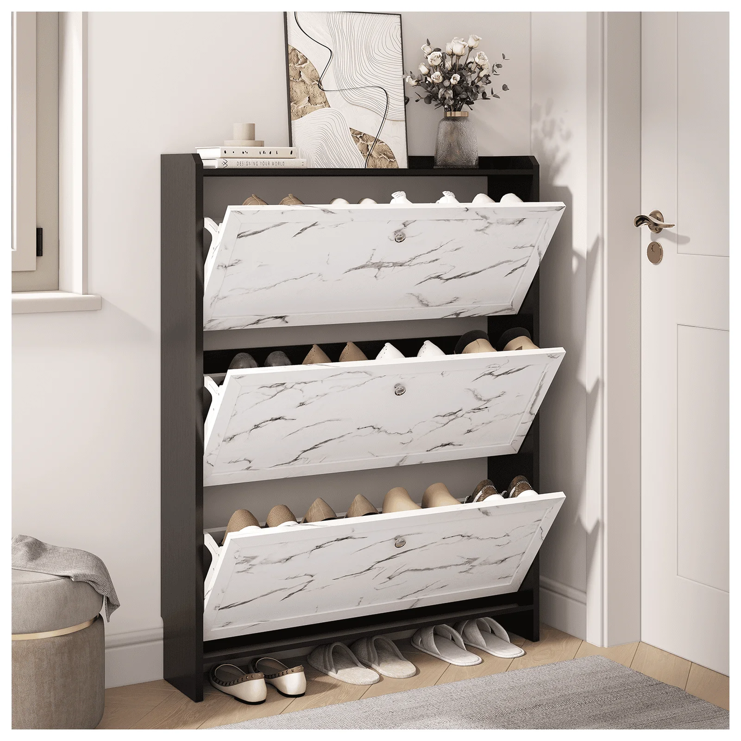 BNIB-Marble Textured 3-Tier Shoe Cabinet, Modern Wooden Shoe Organizer for Entryway,Hallway, -$120