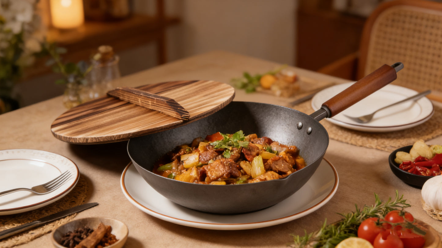BNIB-Non-Stick Wok Pan with Wooden Lid, 13.3 inch(34cm),Ergonomic Handle, Deep Bowl Design Grey,-$25