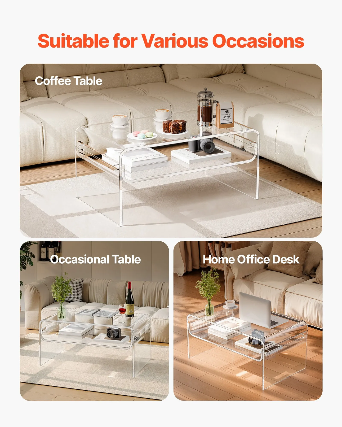 VEVOR Acrylic Coffee Table, 2 Tiers Center Table with Storage Shelf,19.7 x 31.5 x 15 in (Clear),-$120
