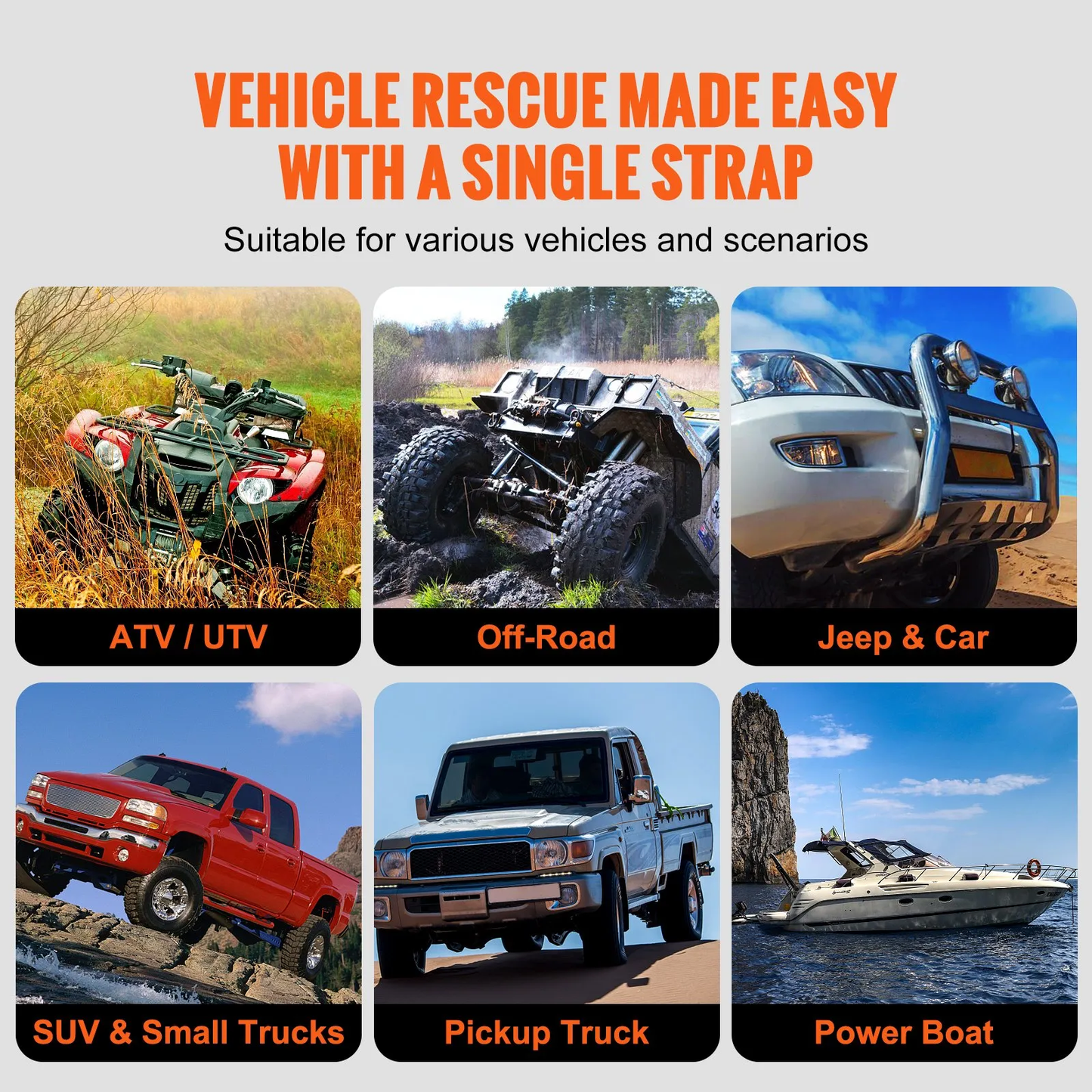 VEVOR 7/8" x 30' Kinetic Recovery Tow Rope 30580lbs, Heavy-Duty Off Strap w/2 Soft Shackles (41750lbs),-$70