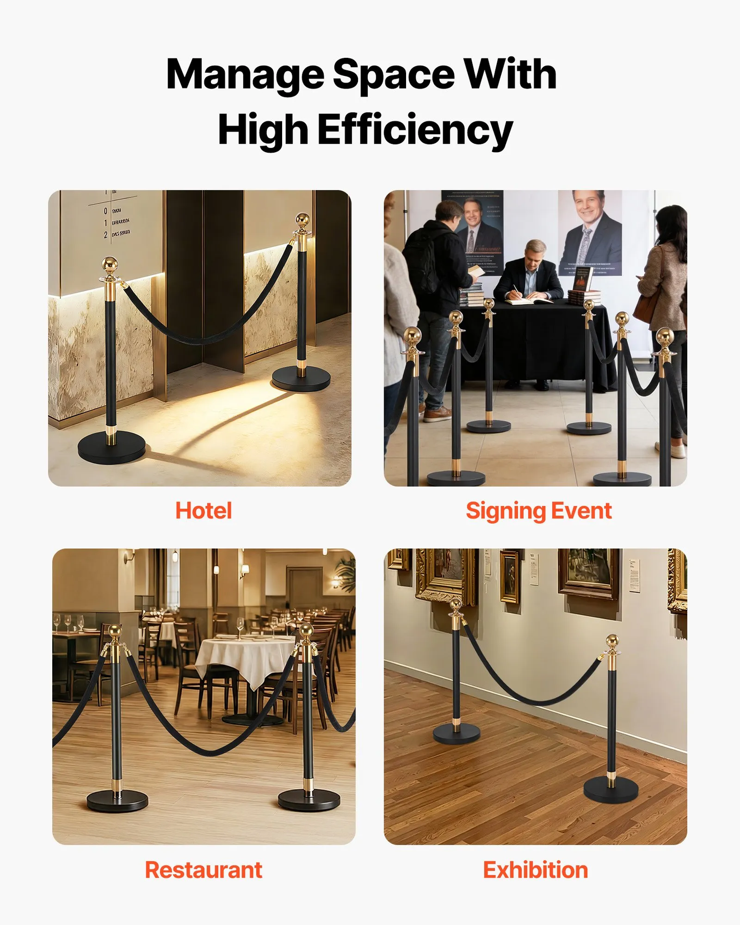 VEVOR Stanchion Posts, 4-Pack Crowd Control Barriers with 2 Black Velvet Ropes, -$60