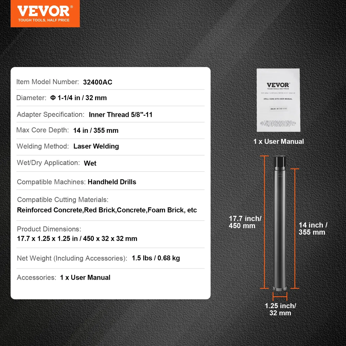 VEVOR Core Drill Bit, 1-1/4" Wet Diamond Core Drill Bits, 14" Drilling Depth Concrete Core Drill Bit,-$20