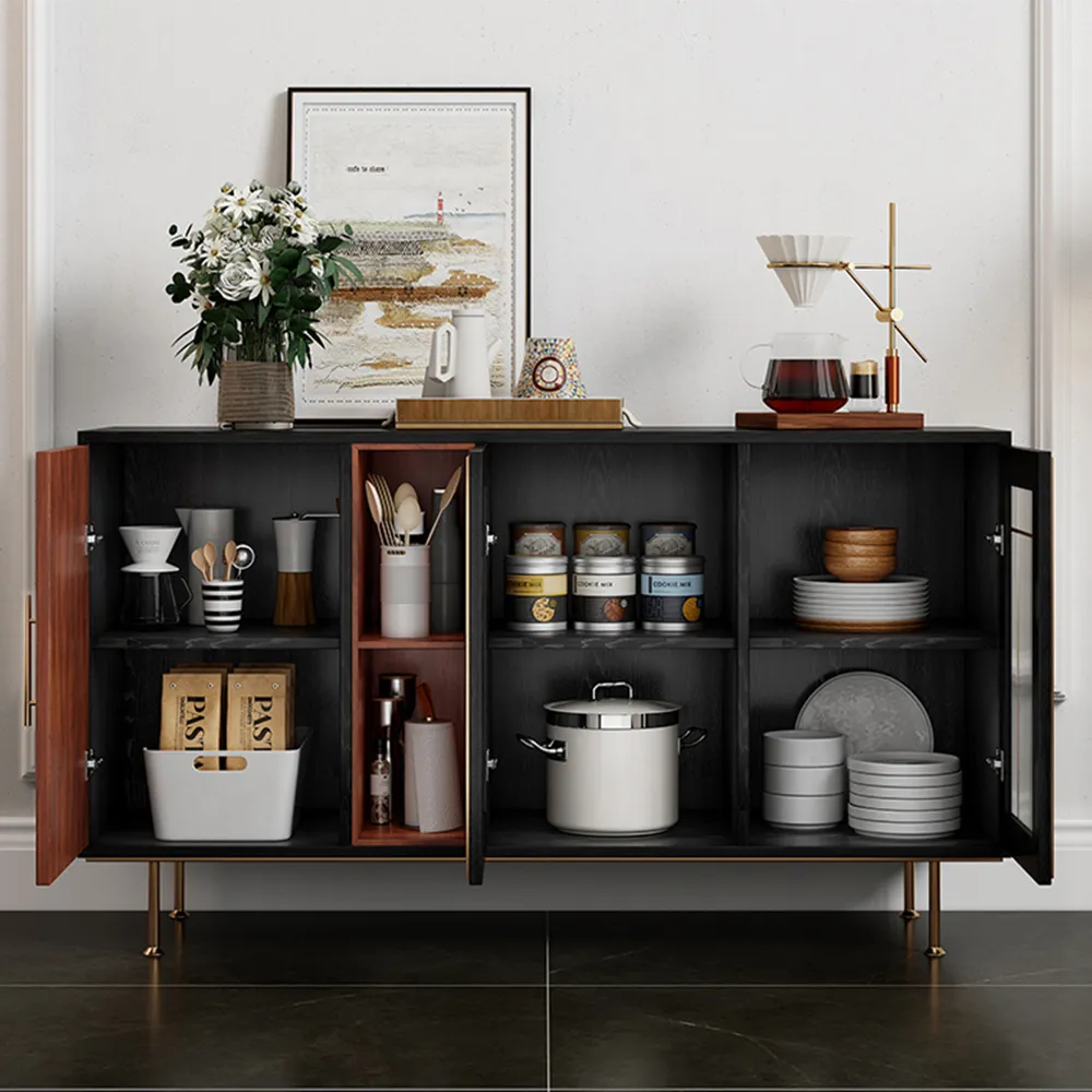 BNIB-POVISON 55'' Mid-Century Modern Credenza, Solid Wood Sideboard Buffet Cabinet, Walnut Finish,-$1000