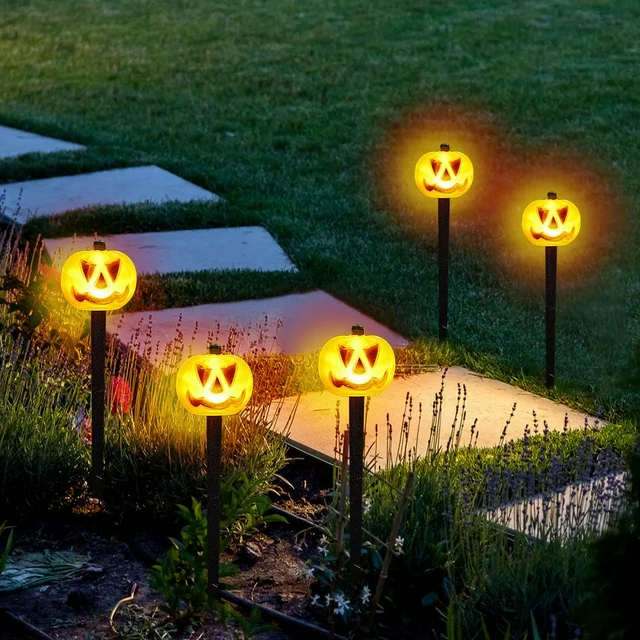 BNIB-Halloween Pumpkin Stake Lights Set of 5, Solar Lighted Pumpkins Outdoor Waterproof-$10