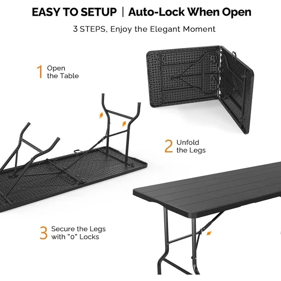 BNIB-VINGLI 6 Foot Plastic Folding Table Portable Long Table for Indoor Outdoor Use Rectangular,Black,-$160