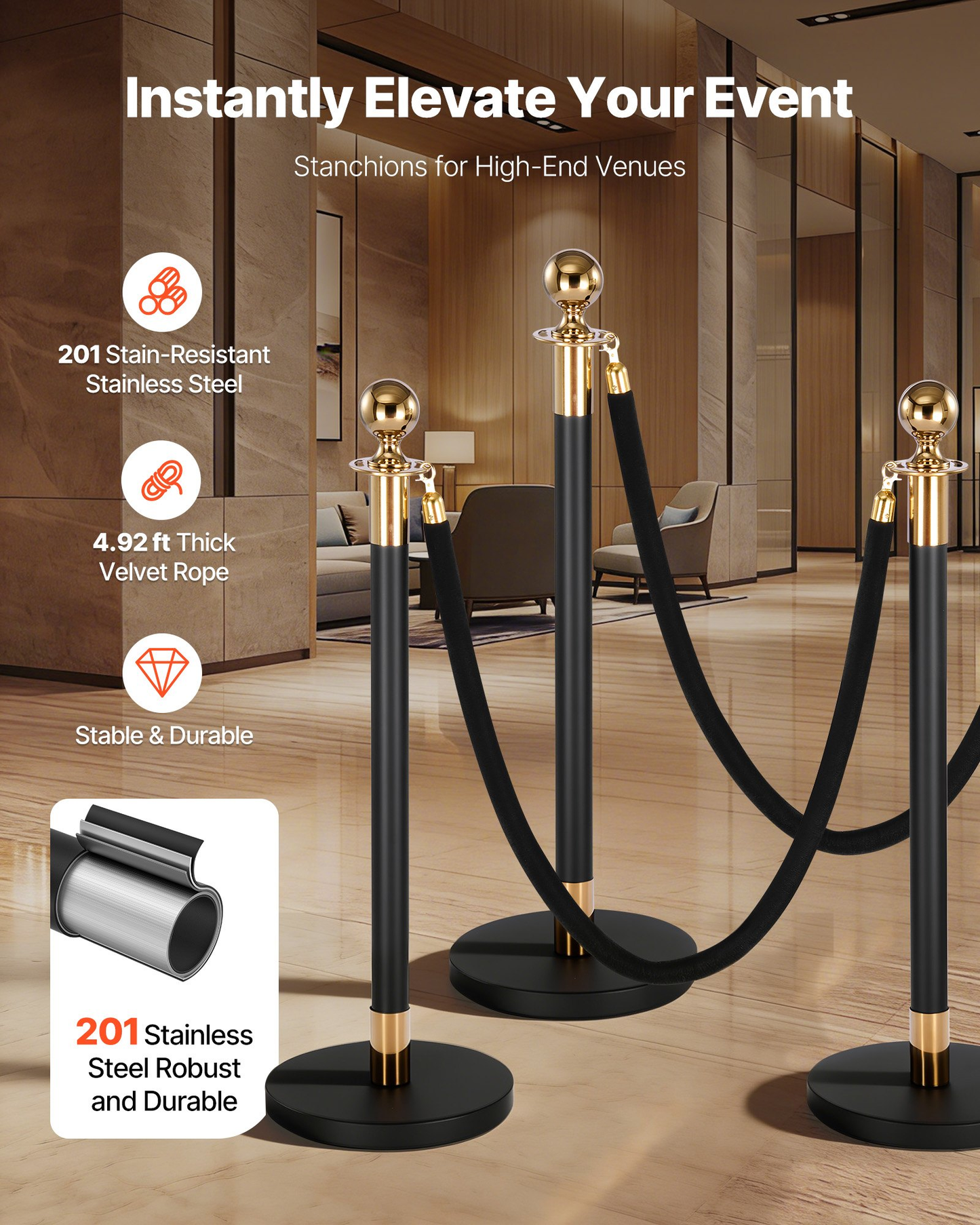 VEVOR Stanchion Posts, 4-Pack Crowd Control Barriers with 2 Black Velvet Ropes, -$60