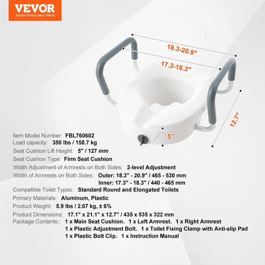 VEVOR Raised Toilet Seat, 5" Height Raised, 350 lbs Weight Capacity, for Round and Elongated Toilet,-$40