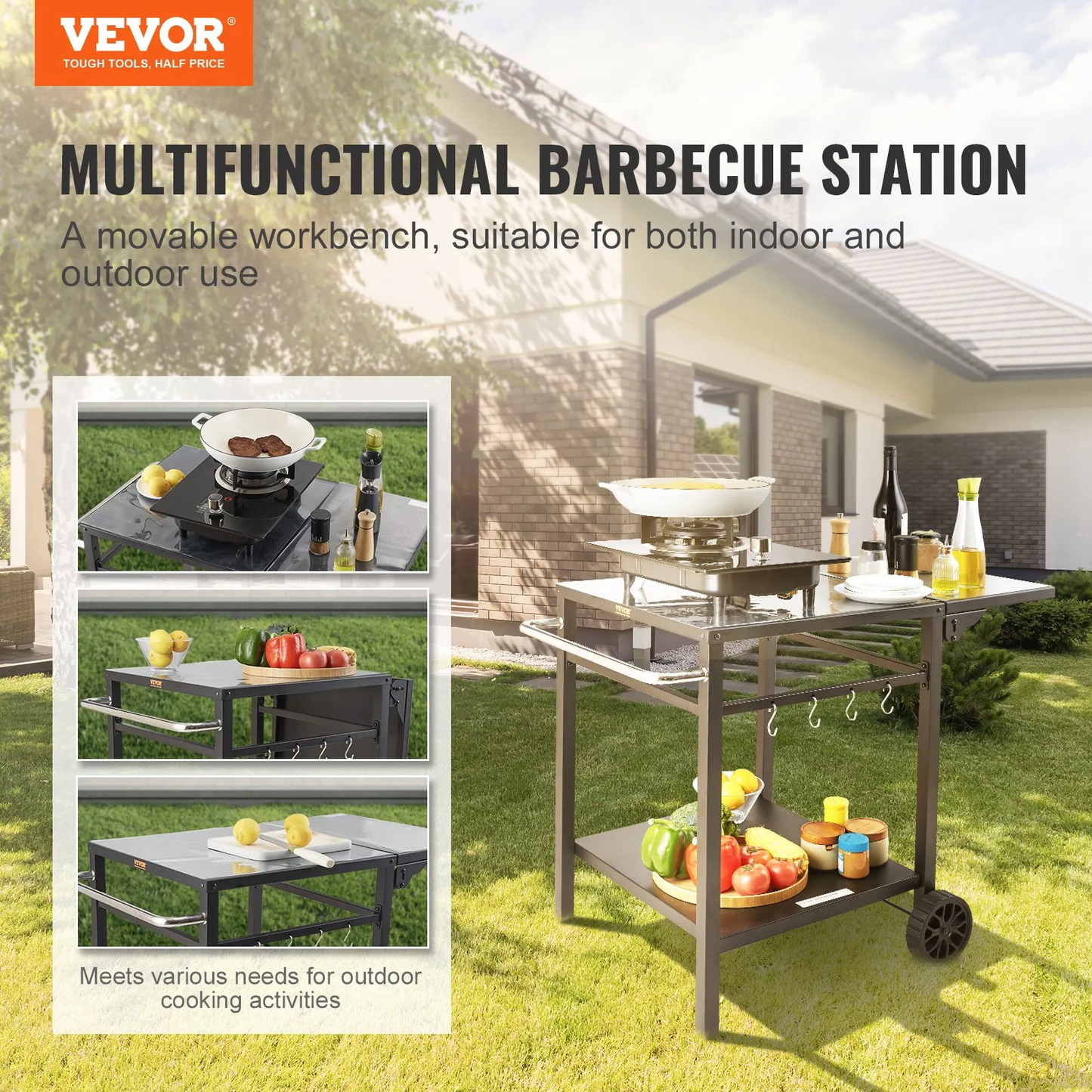 VEVOR Outdoor Grill Dining Cart with Double-Shelf, BBQ Movable Food Prep Table,-$75