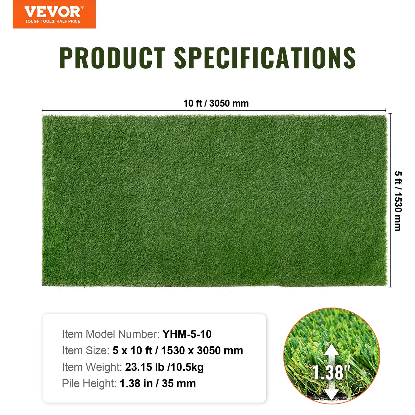 VEVOR Artifical Grass, 5 x 10 ft Rug Green Turf, 1.38"Fake Door Mat Outdoor Patio Lawn Decoration, -$65