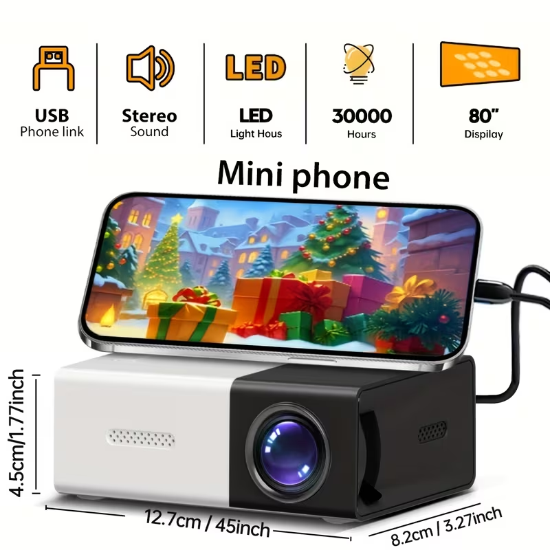 BNIB-Mini Portable LED Projector, 80" Large Screen Home Theater Projector with USB Phone Link,-$20