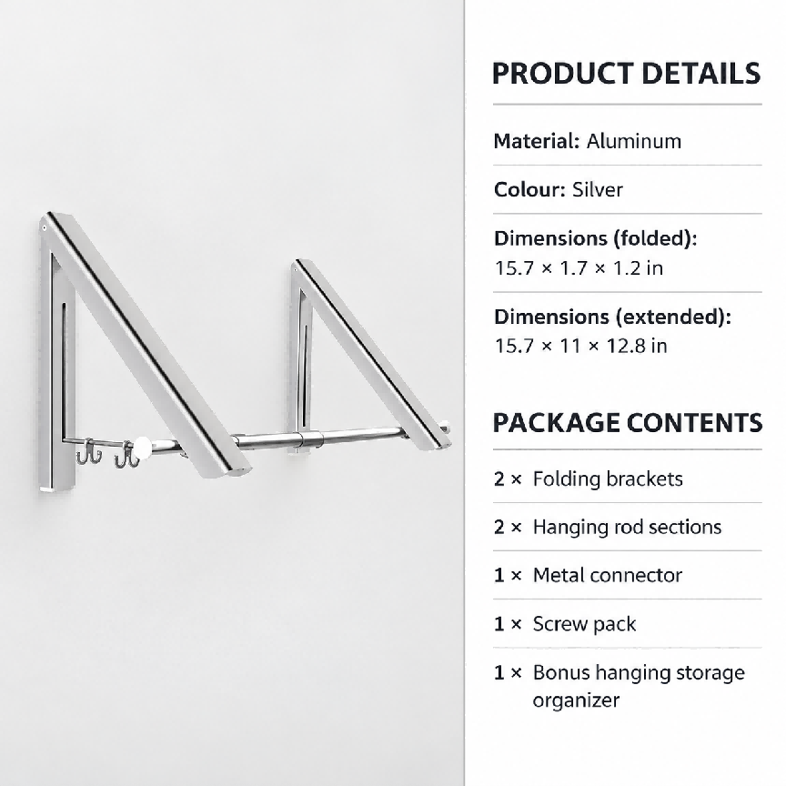 Folding Wall Mounted Clothes Hanger/Clothes Hanging System for Space Saving * 2 Packs