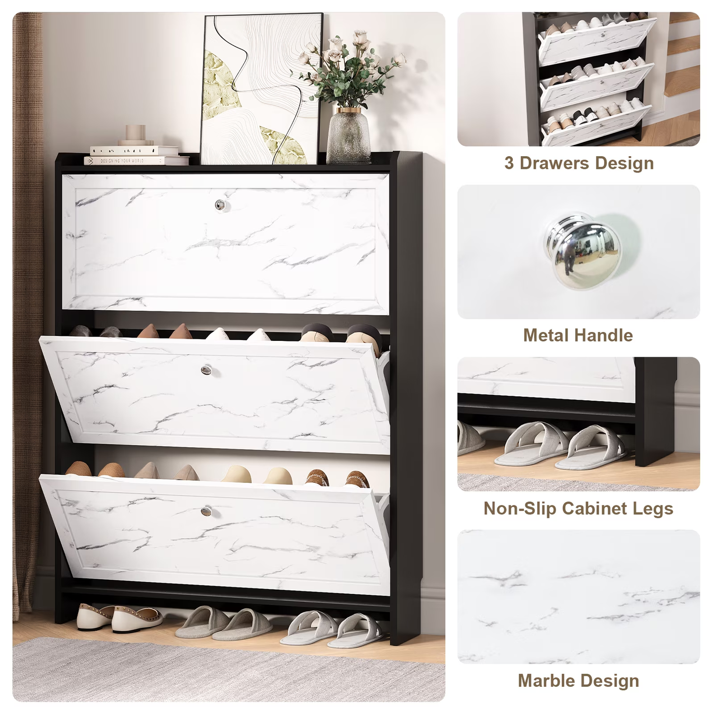 BNIB-Marble Textured 3-Tier Shoe Cabinet, Modern Wooden Shoe Organizer for Entryway,Hallway, -$120