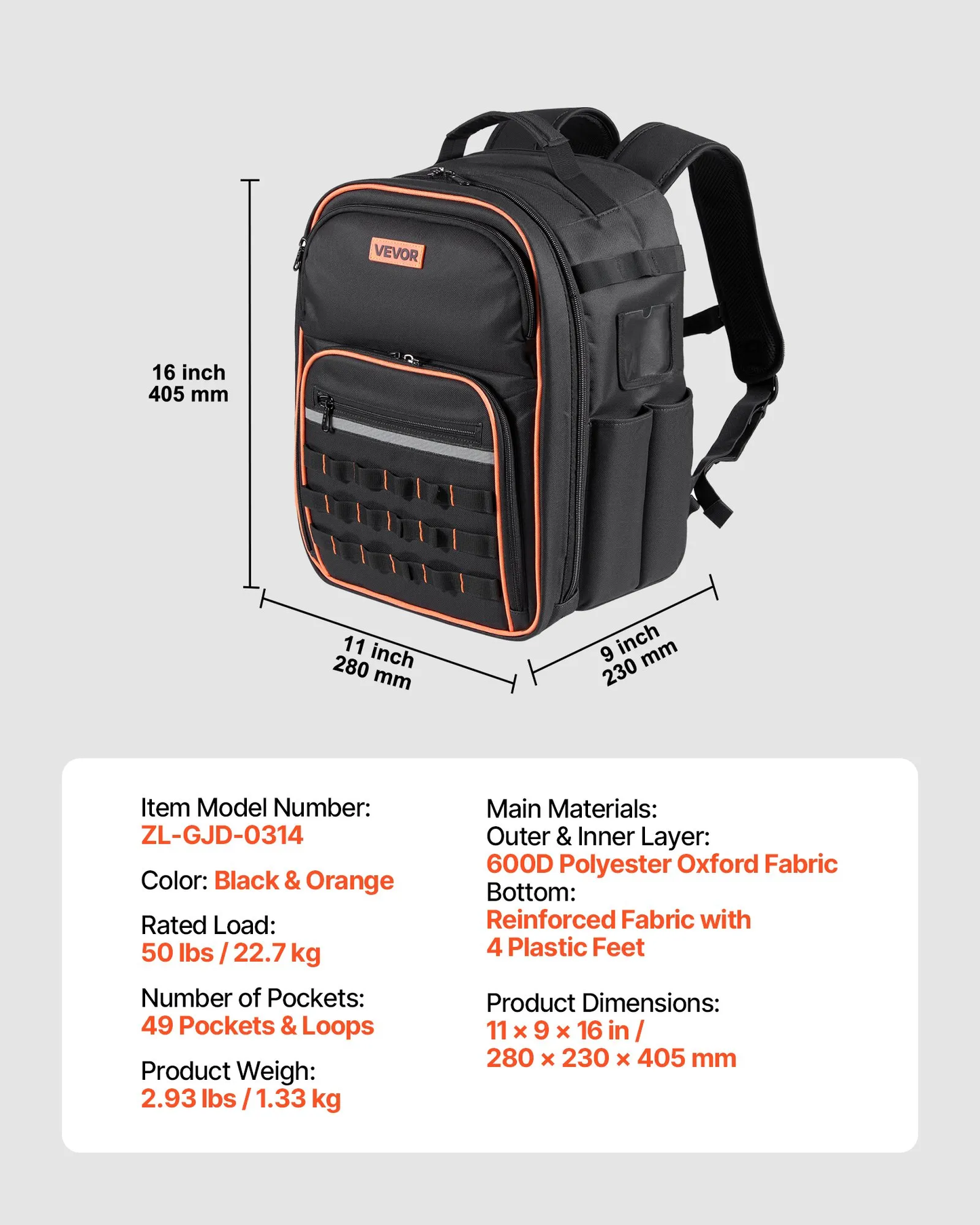 VEVOR Tool Backpack, 49 Pockets, Heavy-duty Tools Storage Organizer Work Bags ,-$30