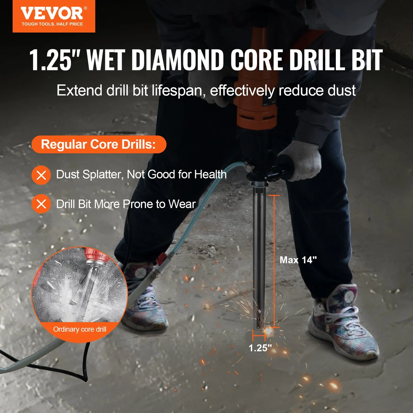 VEVOR Core Drill Bit, 1-1/4" Wet Diamond Core Drill Bits, 14" Drilling Depth Concrete Core Drill Bit,-$20