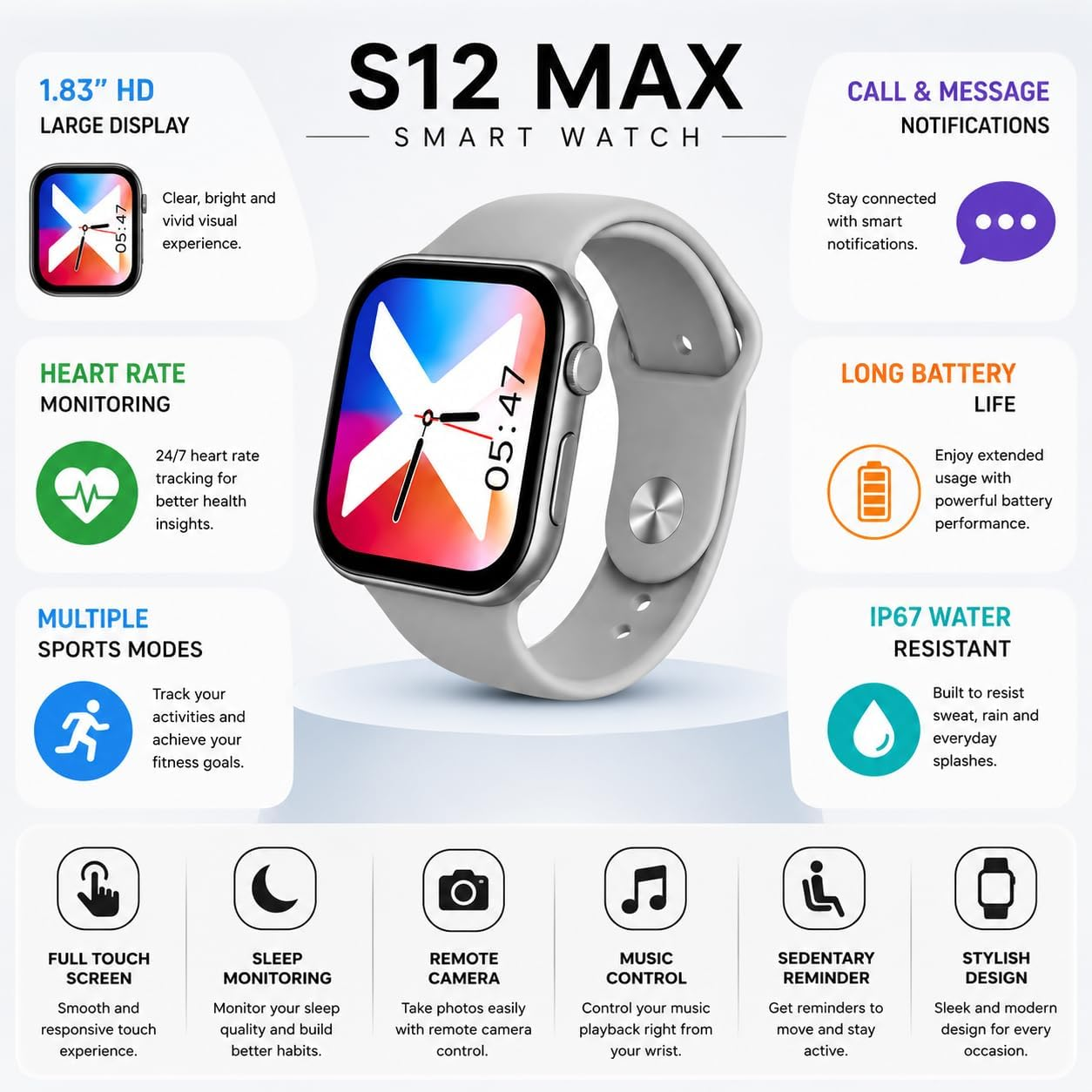 BNIB-PremiumAV S12 Max Smart Watch with 1.83 Inch HD Display,heart rate monitor, Sports Modes,silver,-$25