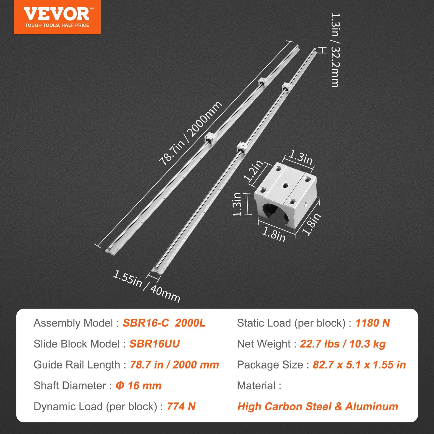 VEVOR Linear Guide Rail Set, SBR16 2000mm, 2 PCS 78.7 in/2000 mm SBR16 Guide Rails,-$60