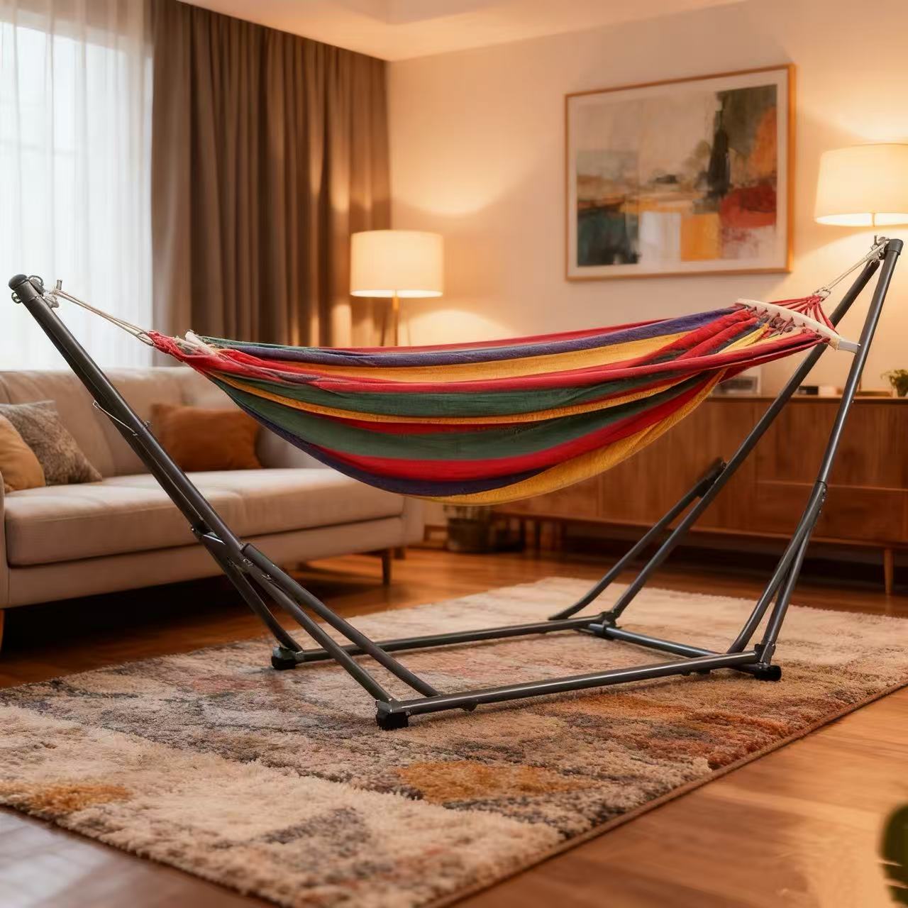 BNIB-kluokesi Double Hammock with Space Saving Metal Stand and Carrying Bag, Indoor Hammock Stand