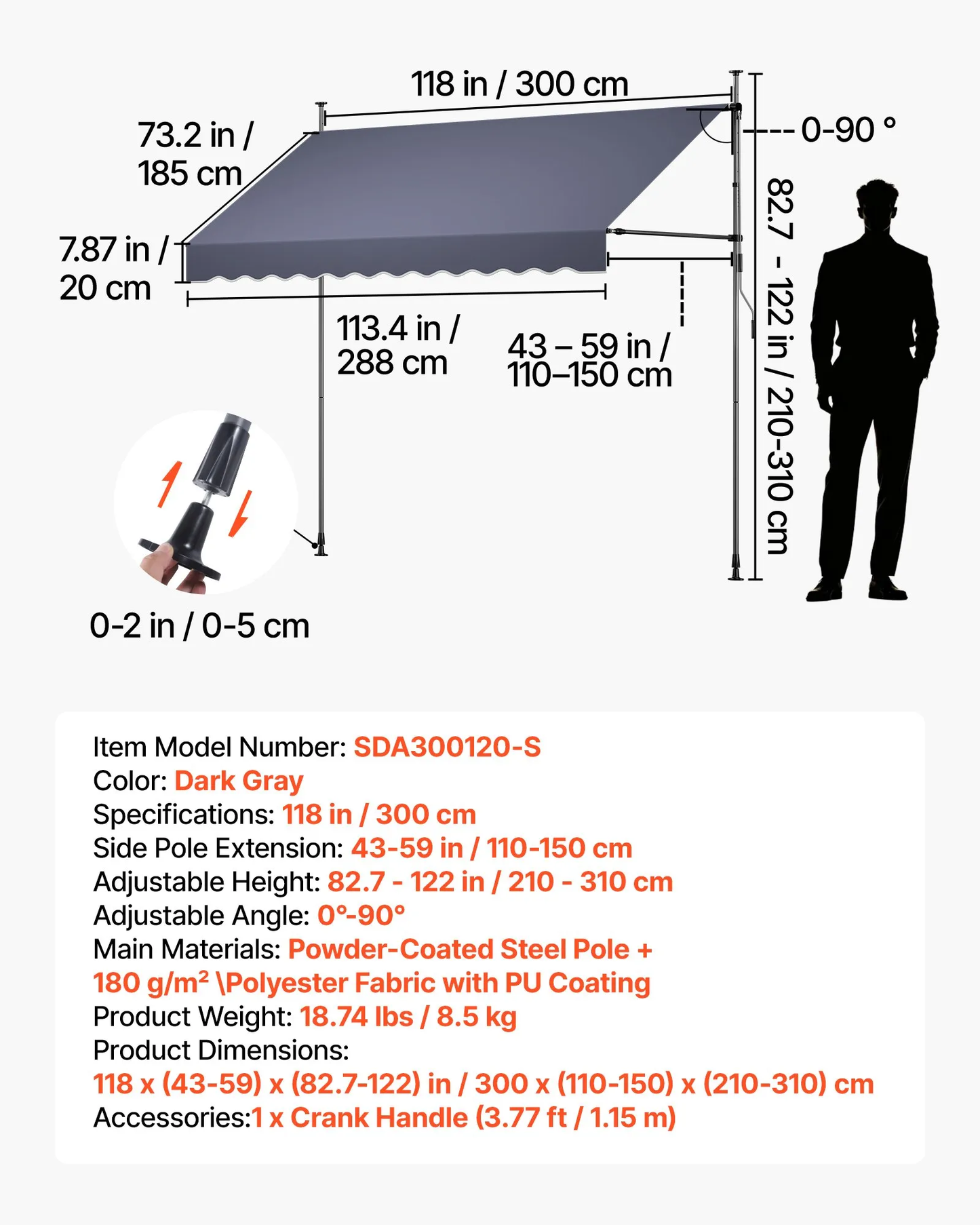 VEVOR Manual Retractable Awning, 118" Outdoor Retractable Patio Awning Sunshade Shelter,-$70