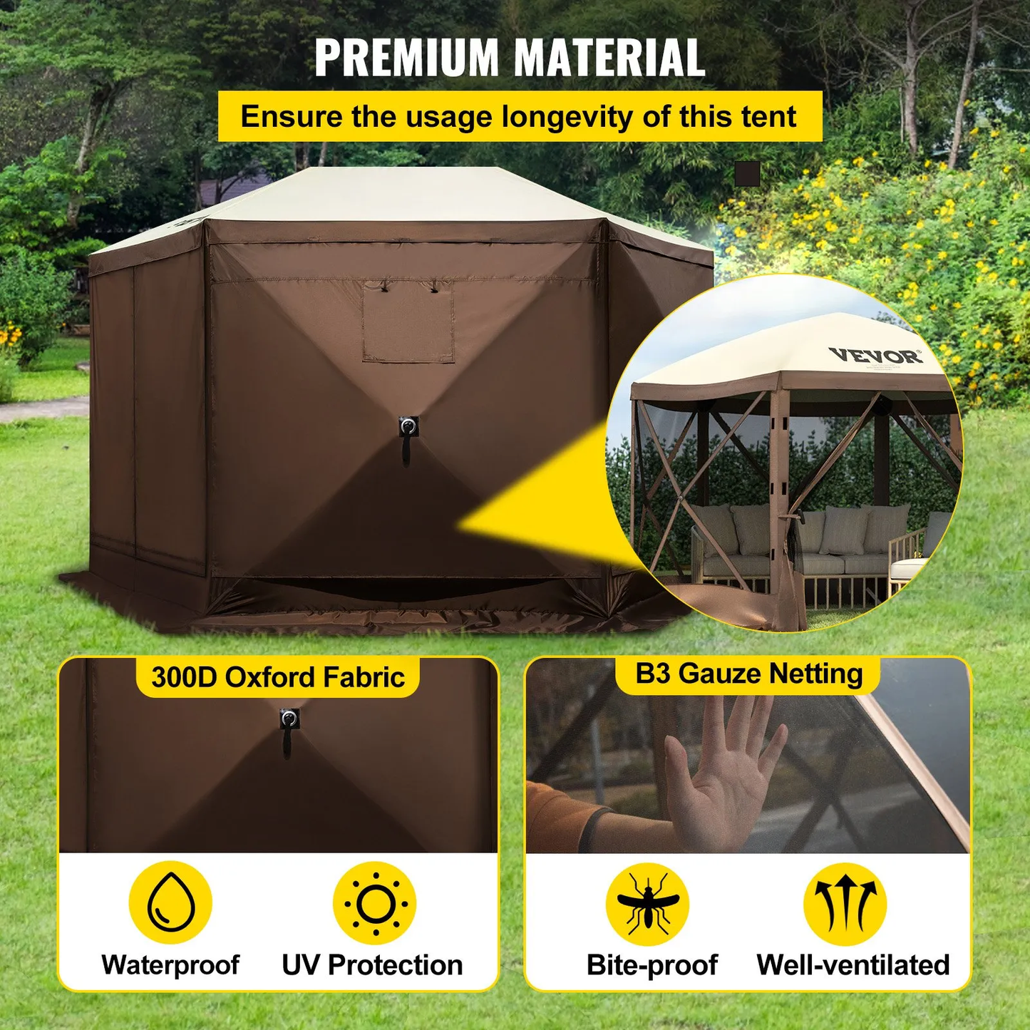 VEVOR Gazebo Screen Tent, 12 x 12 ft, 6 Sided Pop-up Camping Canopy Shelter Tent with Mesh Windows,-$180