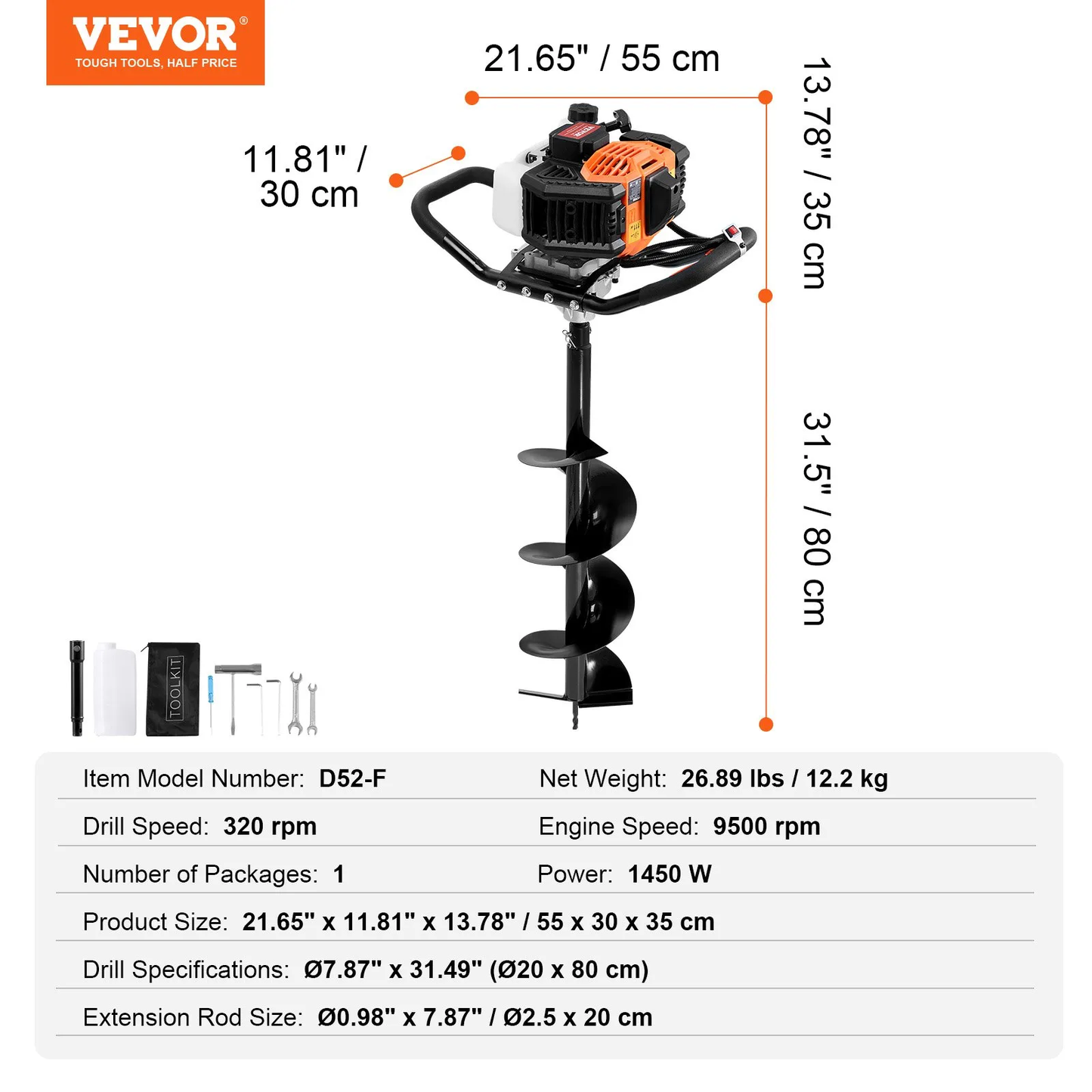VEVOR Post Hole Digger Gas Powered, 52CC 1450W Earth Auger, Gas Auger with 8” Auger Drill,-$120