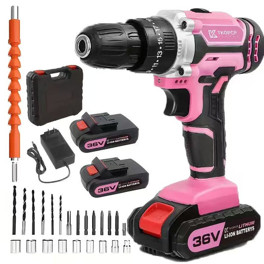 BNIB-Rechargeable 21V/36V Pink Electric Hand Drill – 84 Bits for DIY, Jewelry Making & Home Projects(Pink),-$50