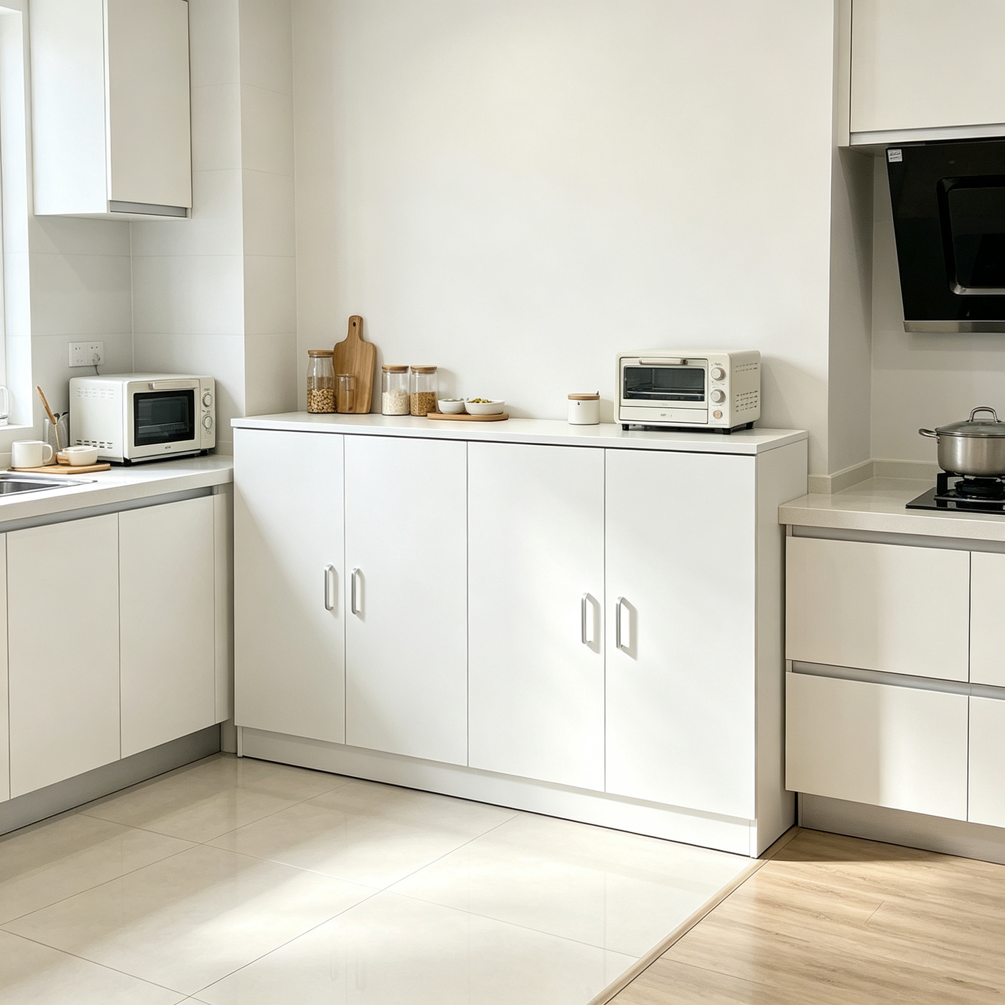 Brand New Assembled 4-door Sideboard Cabinet w/1 Adjustable Shelf, Storage Cupboard (White),-$160