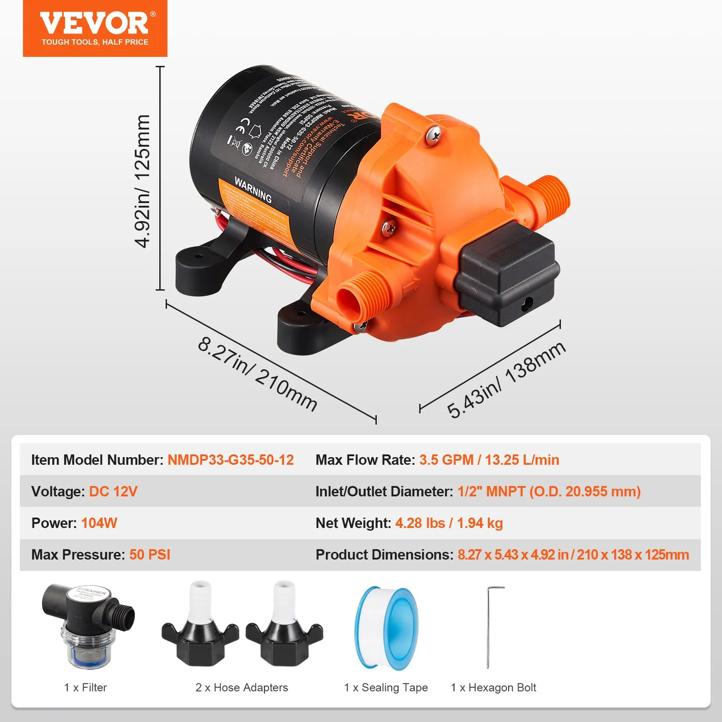 VEVOR 12V Diaphragm Pump, 3.5 GPM (13.25 L/min), 3-Chamber 12 Volt DC Water Pump with Automatic,-$45