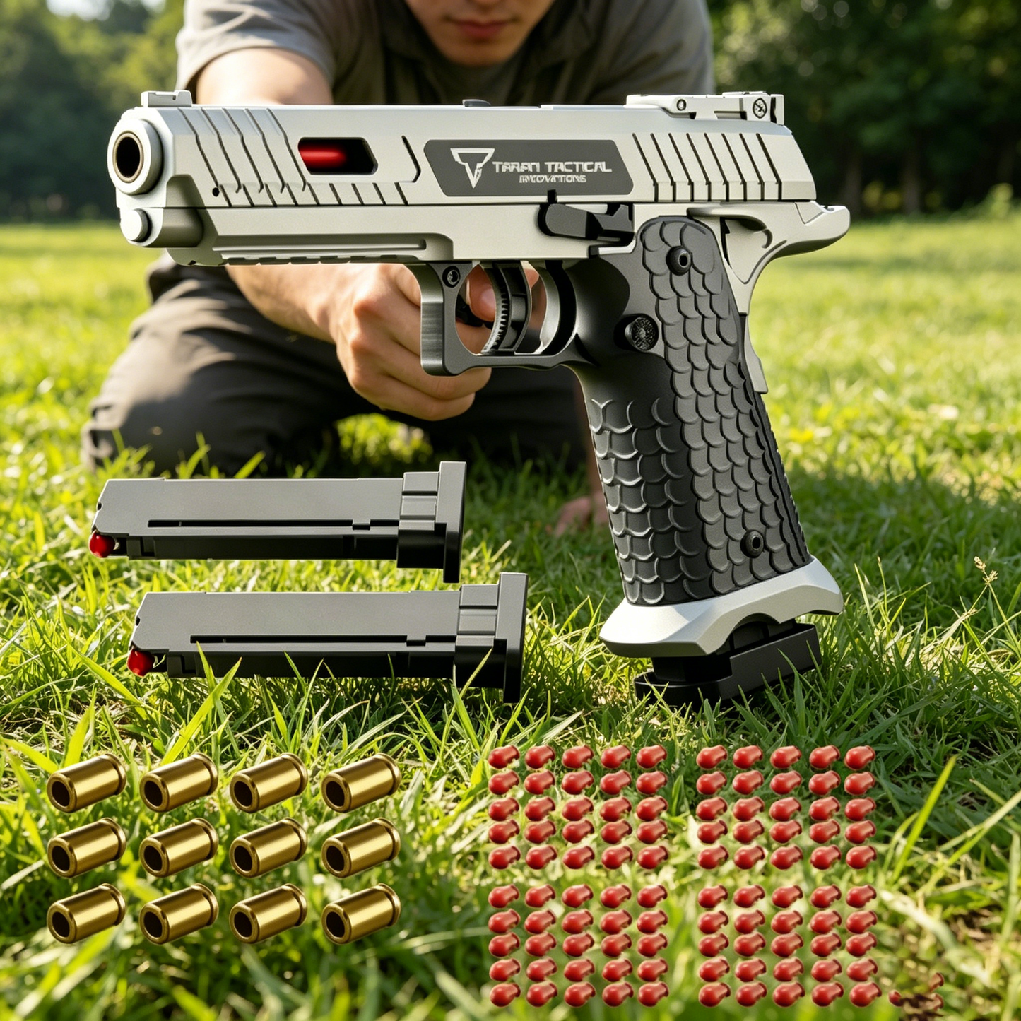 BNIB-Taran Tactical Style Soft Bullet Toy Gun Set | Safe Foam Blaster with 100 Bullets, 12 Shells & 2 Magazines,-$5