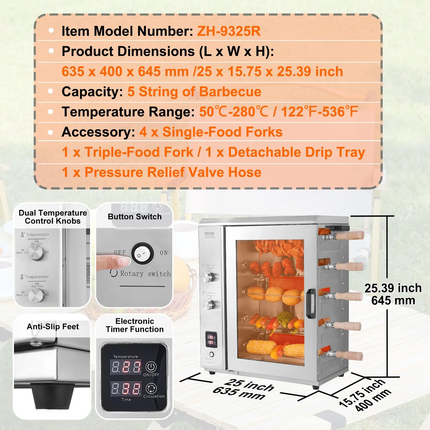 VEVOR Shawarma Portable Propane Grill Machine, Stainless Steel, 5 Strings of Barbecue Capacity