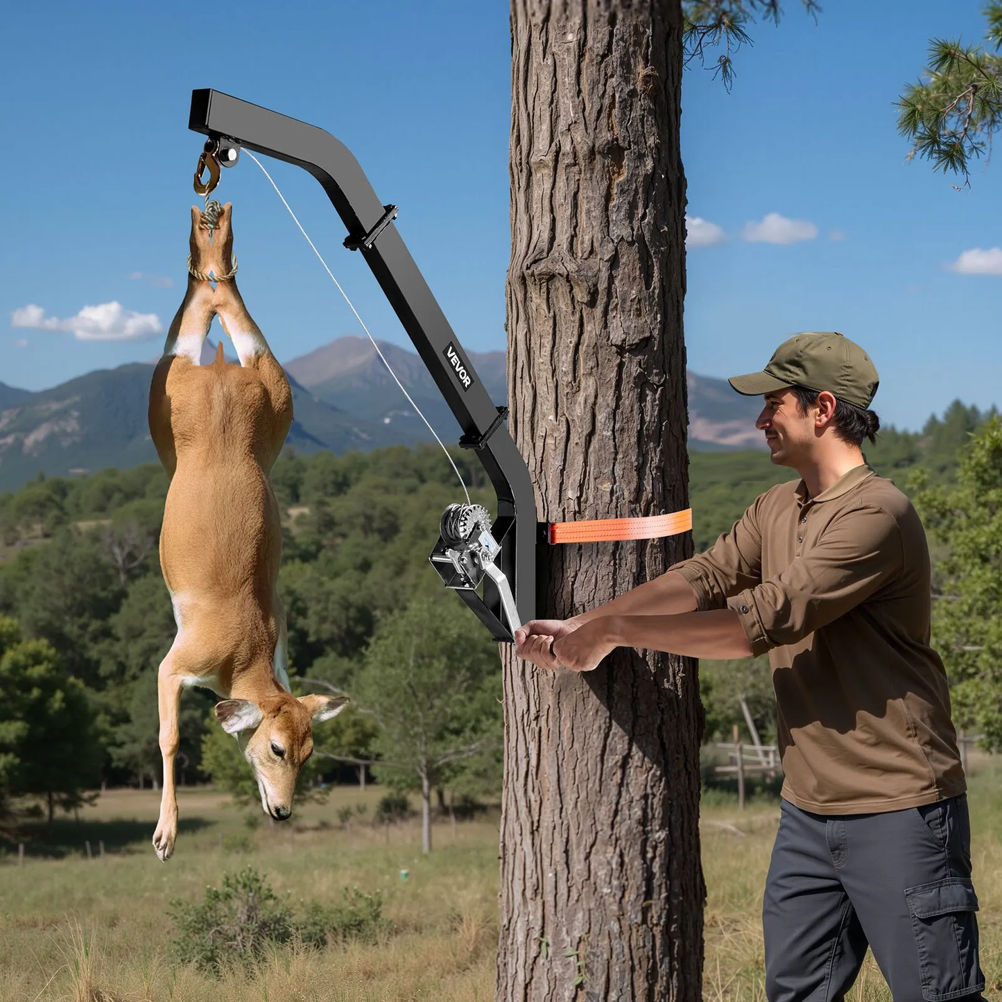 VEVOR Tree Mounted Lifting Hoist, 353 lbs Load Capacity, Outdoor Game Hoist Winch Lift with Ratchet Strap,-$55