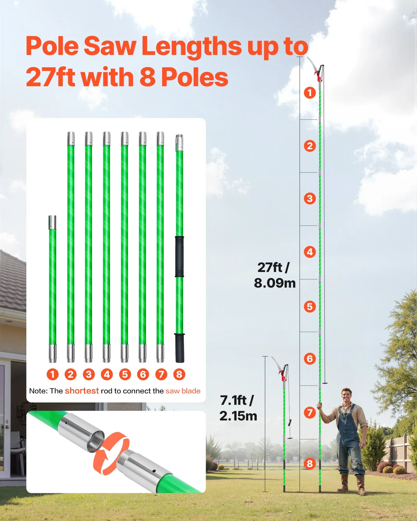 VEVOR Manual Pole Saw, 3.87-27 ft Extendable Pole Tree Pruner with Scissors, Sharp 65Mn Steel Blade,-$60