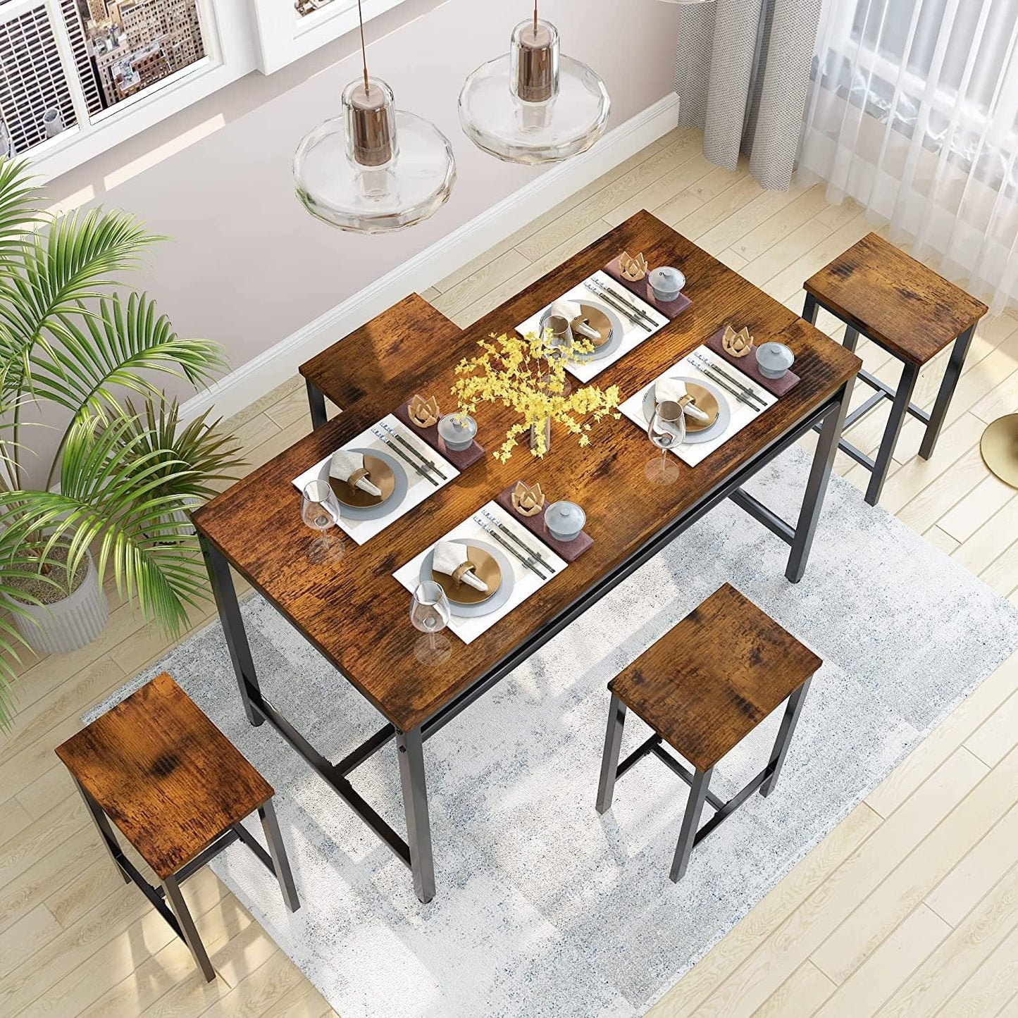BINB-5-Piece Bar Table Set, Dining Table w/4 Square Stools, Ideal for Small Spaces (Rustic Brown)