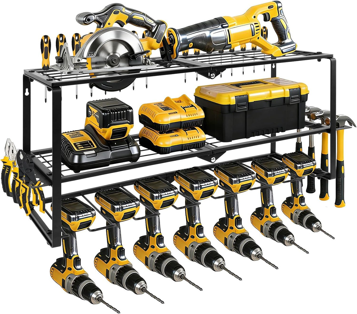 Brand New – 3-Tier Wall-Mounted Power Tool Organizer – 7 Drill Slots, Black -$30