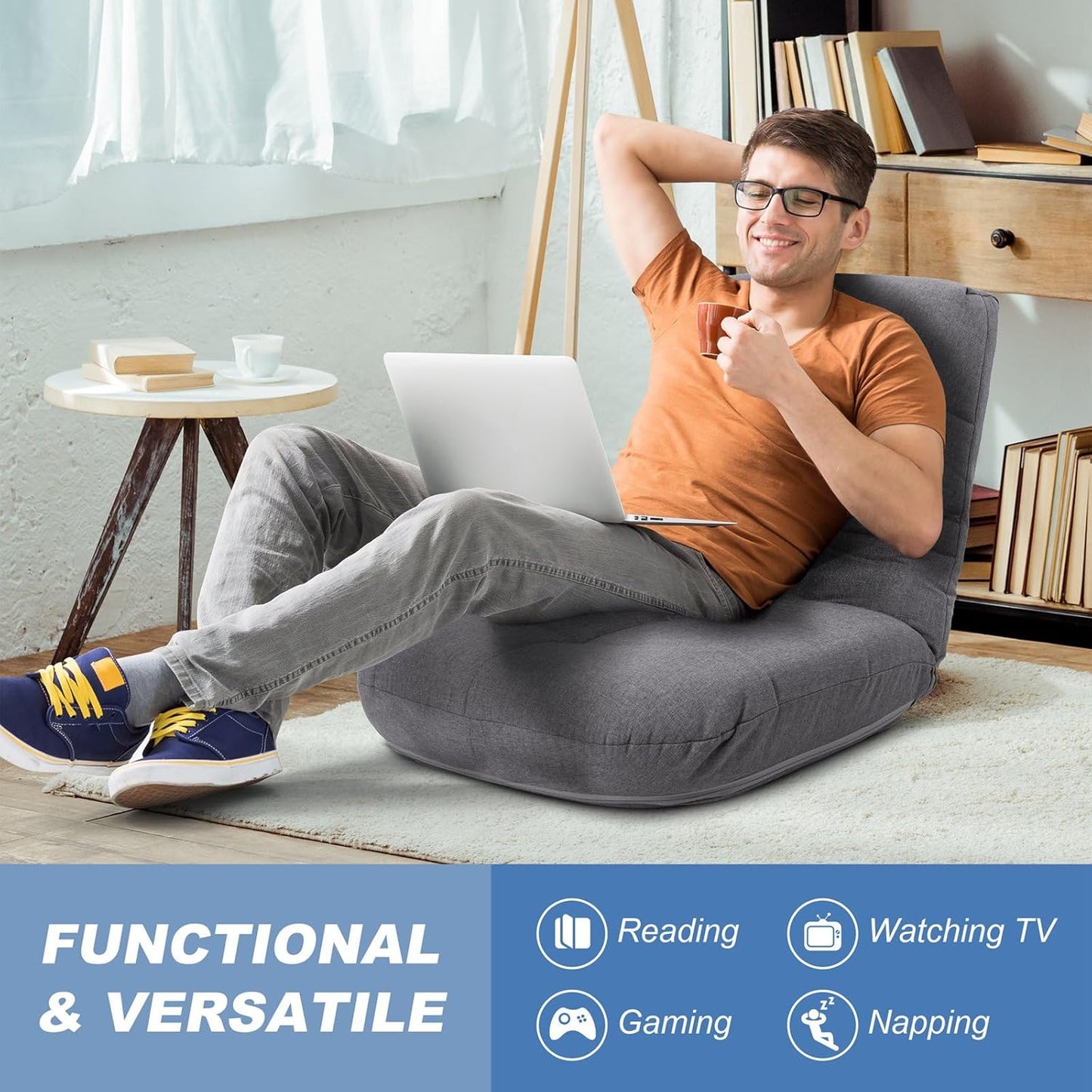 BINB-Products Easy Lounge, Adjustable Padded Floor Chair with Back Support, (Gray)