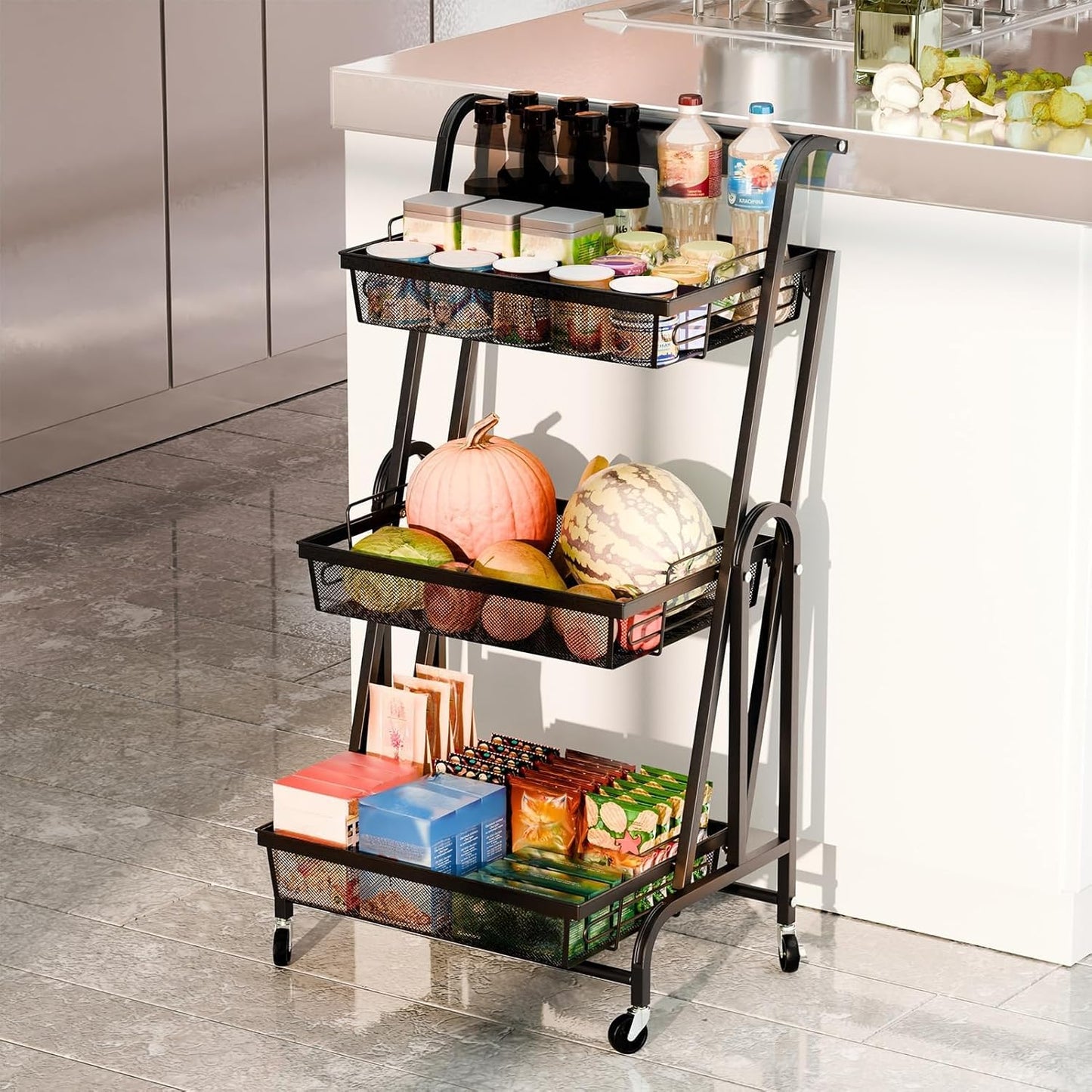Brand New Assemble 3-Tier Foldable Metal Rolling Cart, Detachable Mesh Basket Utility Trolley,-$60