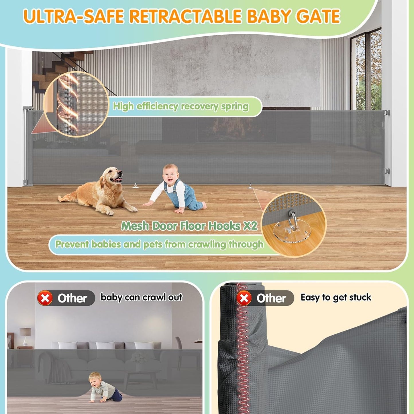 BNIB-200" Retractable Baby Gate Extra Wide, 34" Tall Mesh Baby Gate, Retractable Safety Gate,-$70