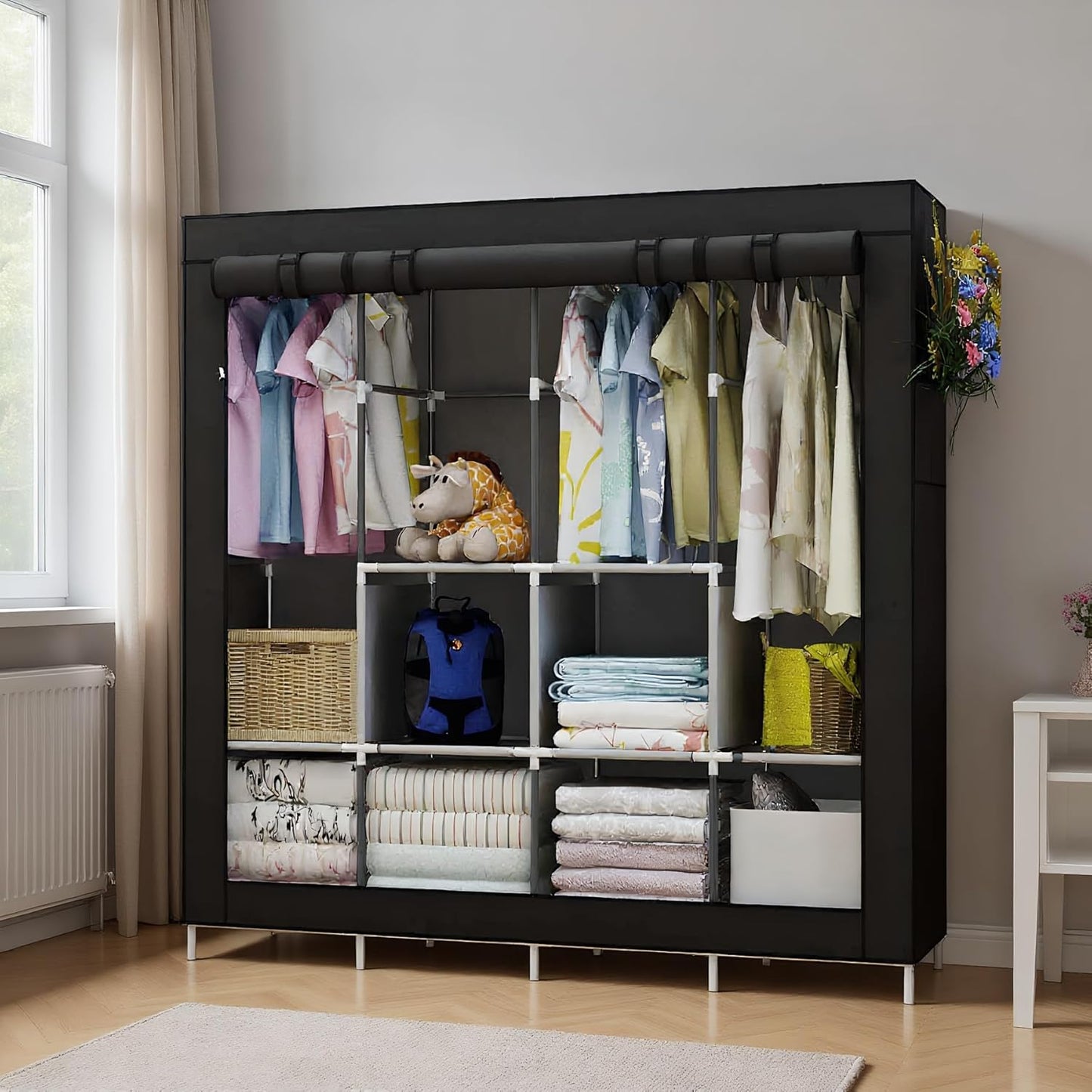 BNIB-Portable Closet Large Wardrobe Closet Clothes Organizer with 6 Storage +4 Hanging + 4 Side Pockets,Black