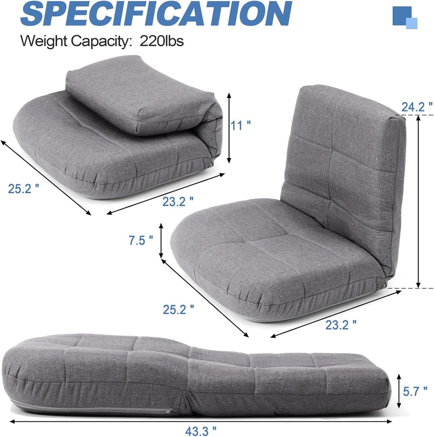 BINB-Products Easy Lounge, Adjustable Padded Floor Chair with Back Support, (Gray)