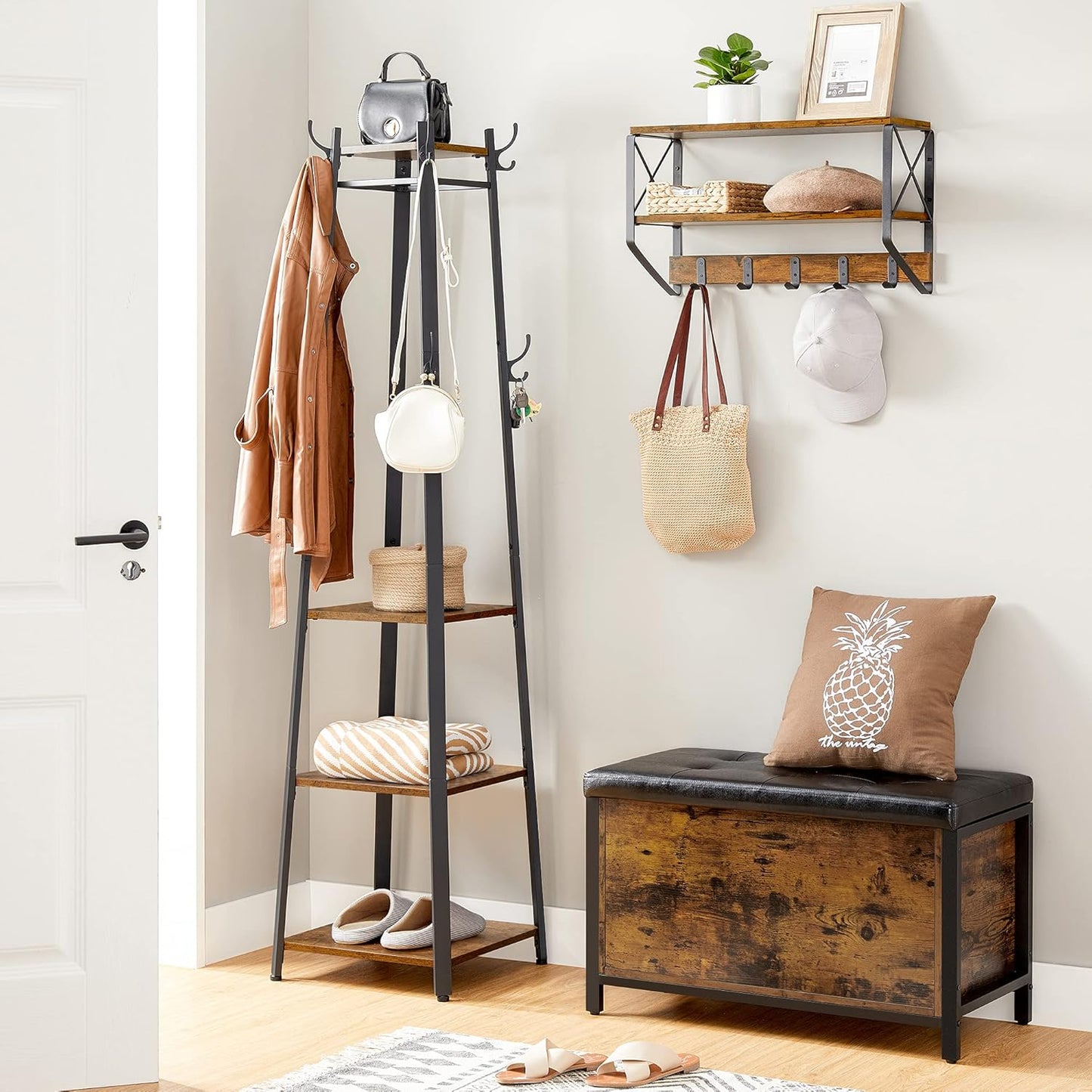 Brand New Assembled Coat Rack, Coat Stand with 3 Shelves, Hall Tree Free Standing with Hooks-$70