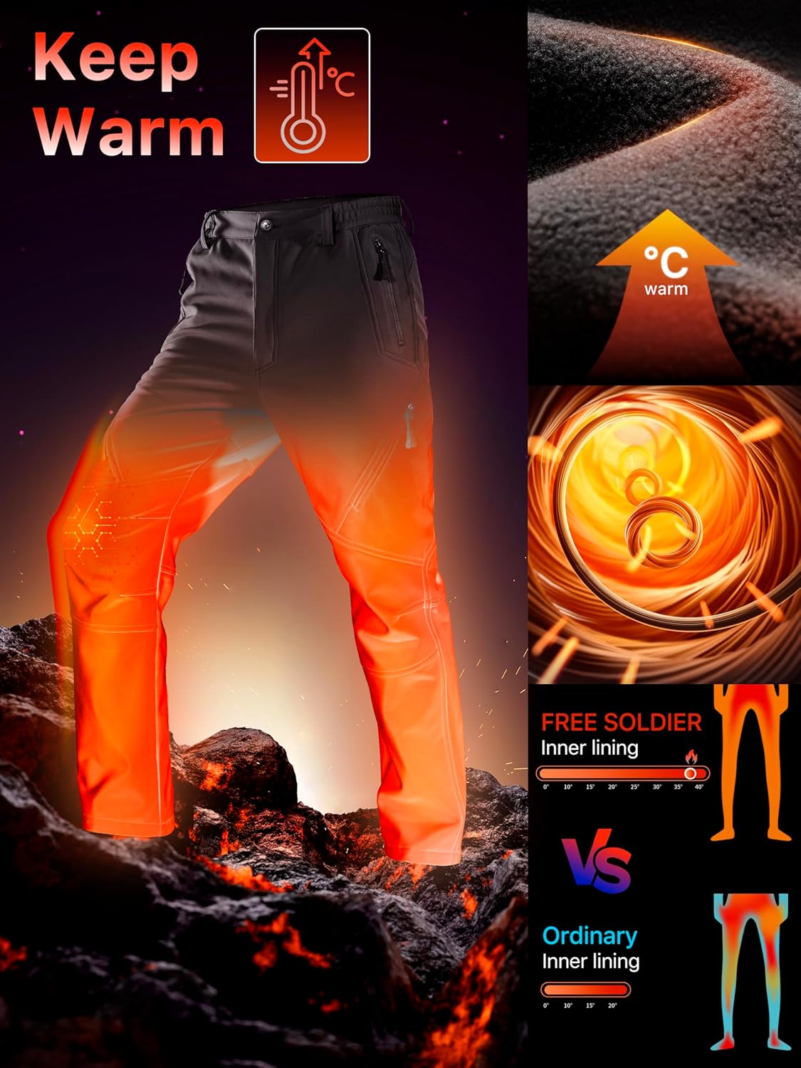 BNIB- REE SOLDIER Men's Fleece Lined Outdoor Cargo Hiking Pants Water Repellent Softshell Snow Ski Pants (black),-$35