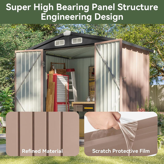 BNIB-6.2 x 4 ft Outdoor Storage Shed, Metal Garden Tool Shed with Lockable Door (Brown)