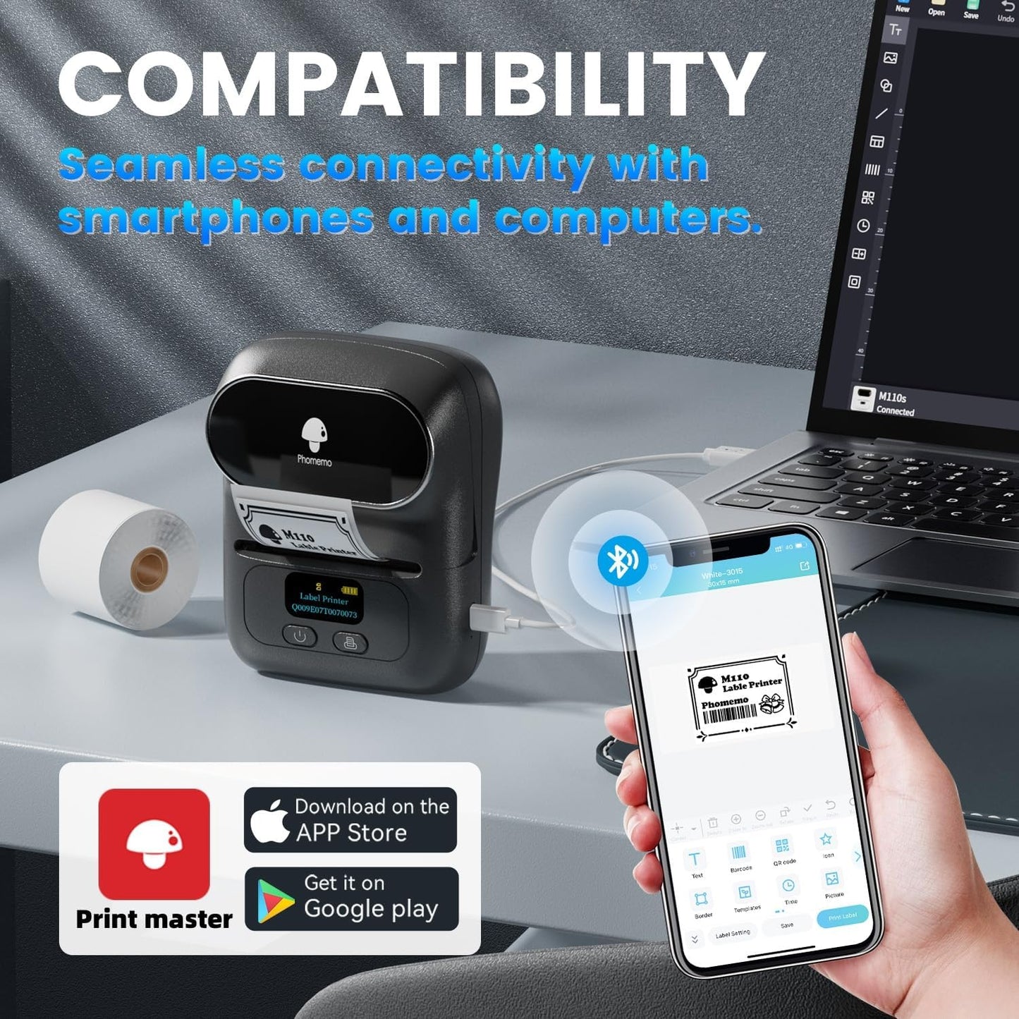 BNIB-Phomemo M110 Portable Thermal Label Printer, Bluetooth Label Maker Machine for iOS & Android,Black,-$35