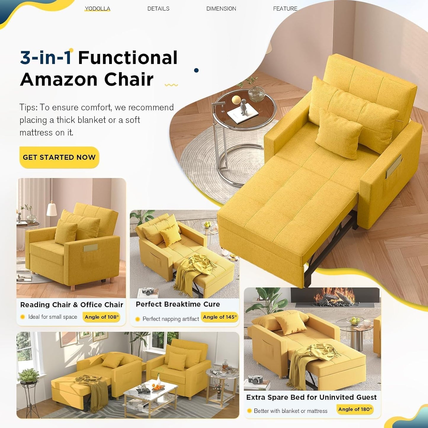 Brand New assemble 3-in-1 Sleeper Chair Bed, Convertible Single Sofa for Small Room, -$250